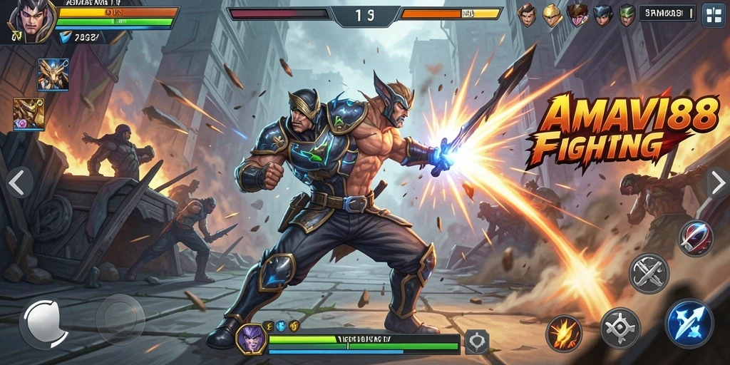 Screenshot gameplay AMAVI88 menunjukkan pertarungan dinamis yang mendebarkan.