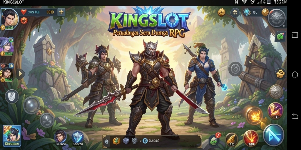 Tangkapan layar gameplay KINGSLOT menampilkan pertarungan epik di dunia RPG.