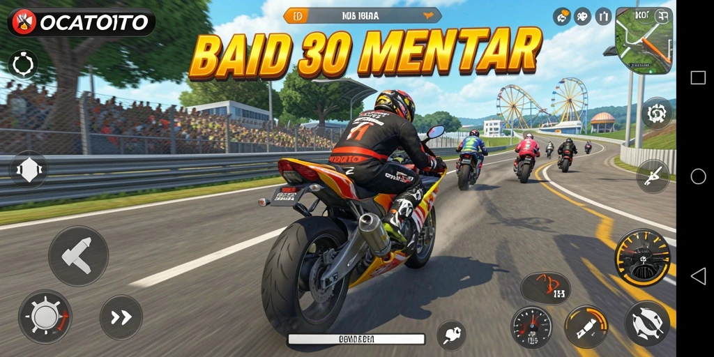 Tampilan gameplay seru dari OCATOTO dengan balapan motor di berbagai trek.