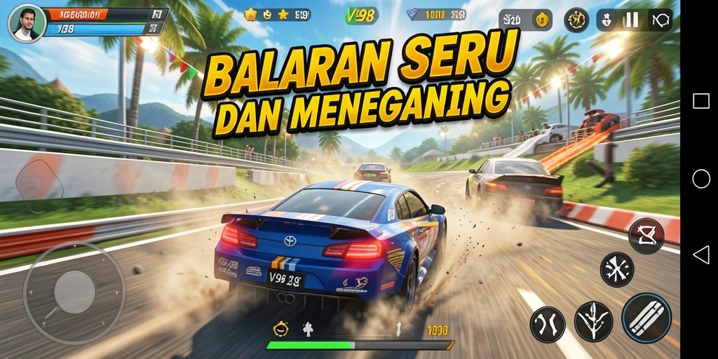 Tampilan gameplay balapan seru di V98 dengan mobil cepat.